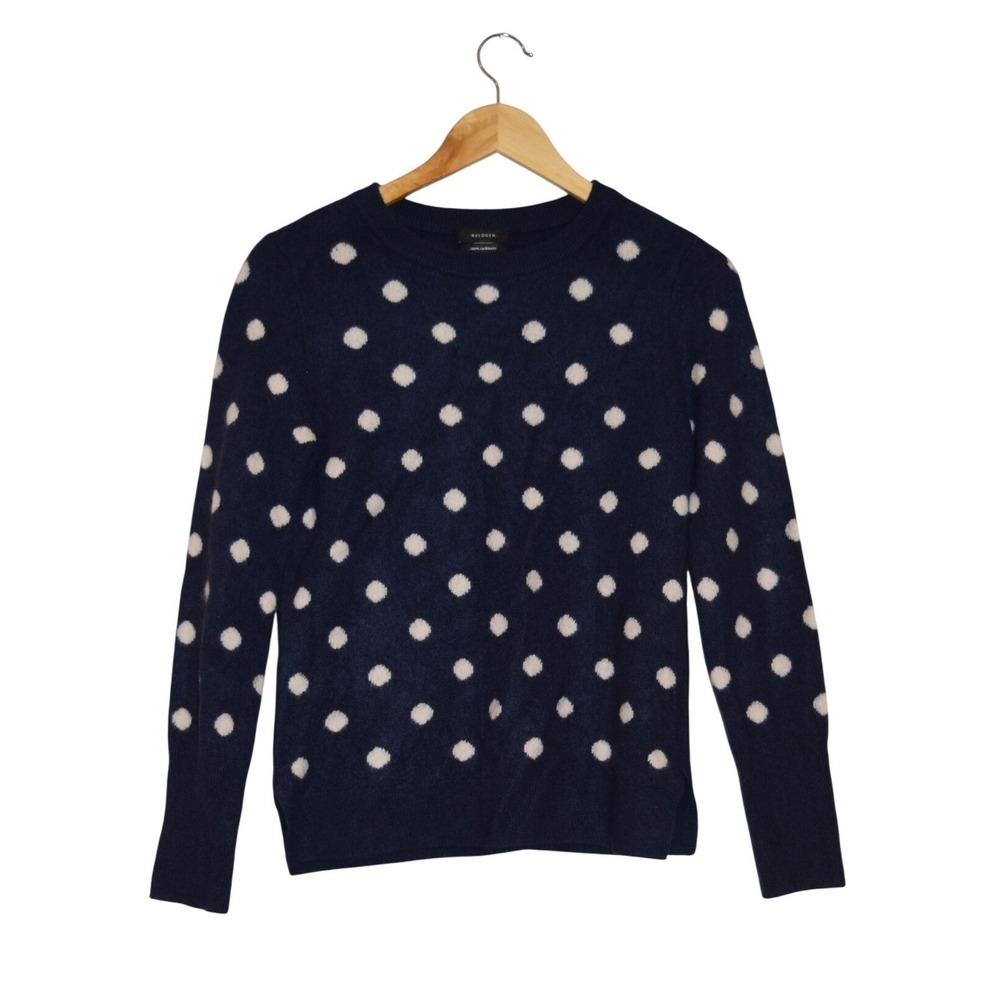 Women's Halogen 100% Cashmere Polka Dot Crewneck Sweater Navy Blue White Small